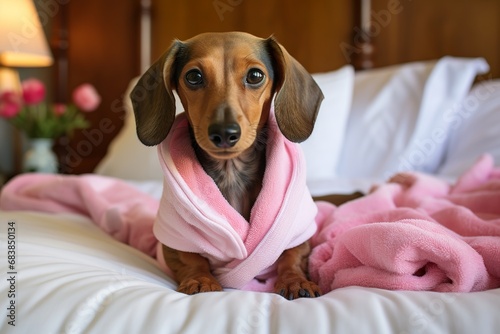 cute miniature dachshund relaxing in hotel room