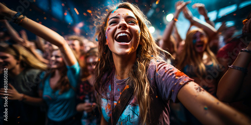 Real happiness! This young woman is living her best life at a concert surrounded by colorful confetti falling from the sky. Who wouldn't want to be in her place? Party Like Never Before. Concert Vibes