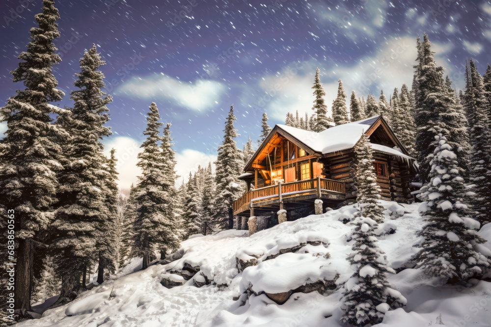 Winter night in the mountains. Wooden house on the background of the starry sky. Winter night in the mountains. Wooden house on the background of the starry sky.