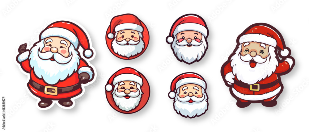 Vector set Cute Funny Smiling Santa Claus Head Icon, sticker flat trendy style isolated on white. Design Template for Holiday Merry Christmas and Happy New Year Greeting Cards, Stickers, Banners	
