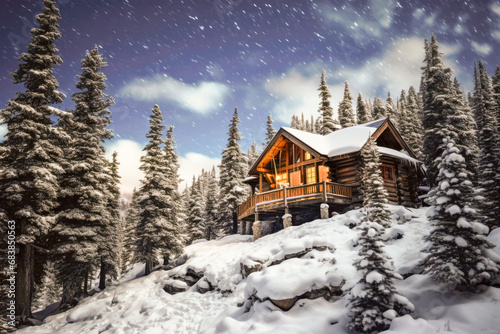 Winter night in the mountains. Wooden house on the background of the starry sky. © mila103