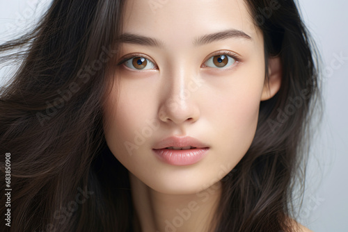 Close up of face of young beautiful natural Asian woman without makeup