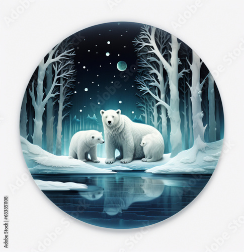 a miniature ornament with a polar bears and their cubs in the snow, in the style of luminous 3d objects, curved mirrors, wimmelbilder, tondo, dark white and aquamarin photo