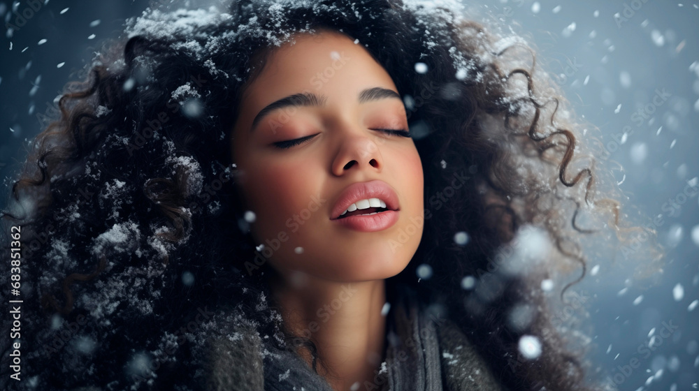 Portrait of a young woman with snowflakes on her face, winter, snowfall. A beautiful girl catches snowflakes with her lips. Girl with dark skin in winter. Enjoy the weather