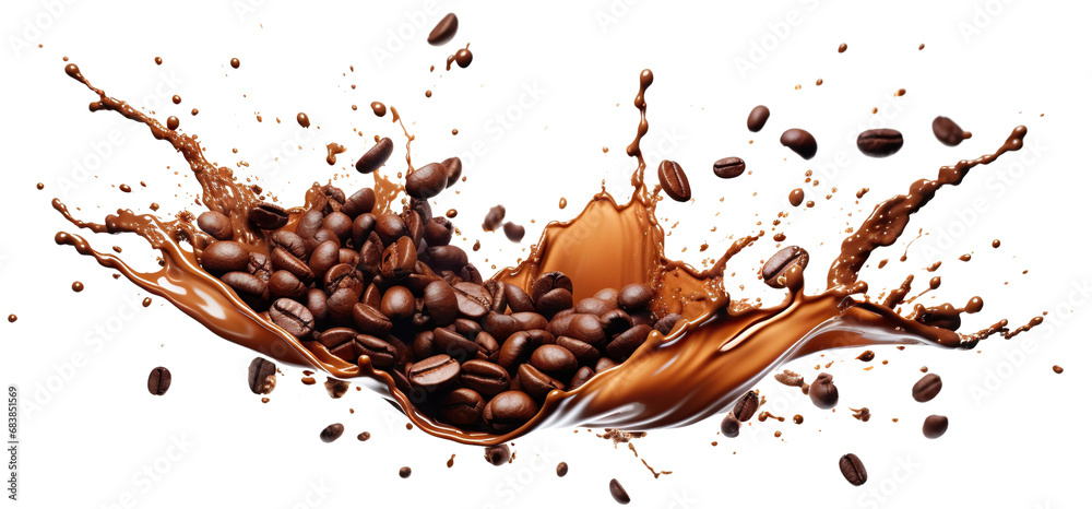 Delicious coffee beans in splashes of coffee, cut out Delicious coffee beans in splashes of coffee, cut out