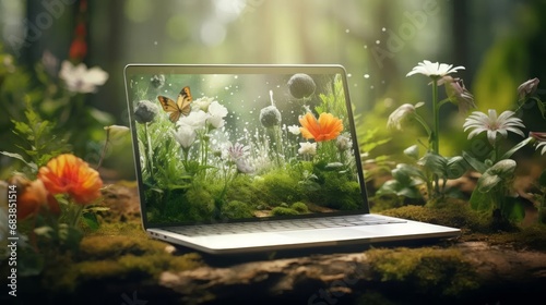 An image of a nature landscape displayed on a laptop or smartphone screen, surrounded by green plants and flowers, symbolizing the integration of technology with nature. #683851514