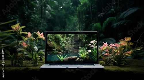An image of a nature landscape displayed on a laptop or smartphone screen, surrounded by green plants and flowers, symbolizing the integration of technology with nature. photo