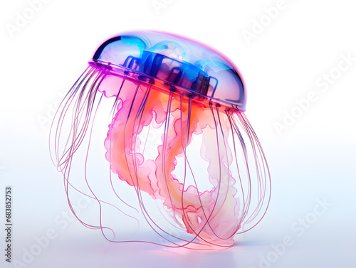 Crystal colourful Jellyfish floating in the water. 3d illustration of jellyfish