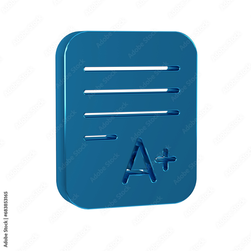 Blue Exam sheet with A plus grade icon isolated on transparent background. Test paper, exam, or survey concept. School test or exam.
