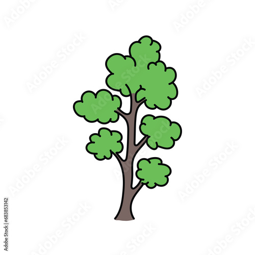 A hand-drawn cartoon doodle tree with green leaves on a white background.