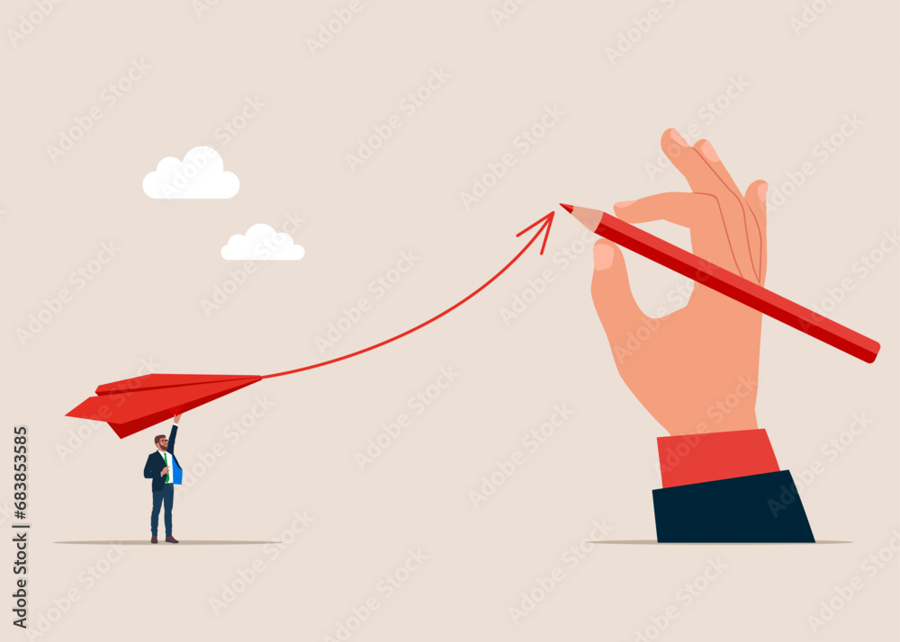 Holding pencil pointing direction for successful. Career takeoff and development. Profitable investment. Flat vector illustration.
 - obrazy, fototapety, plakaty 