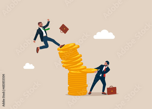 Businessman pull back money from coin stack causing investor to fall down. Bankruptcy due to corruption or fraud. Loss of money. Flat vector illustration