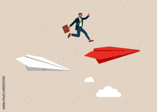 Change career. Businessman jumping paper white plane to another red paper plane. Find new business opportunities. Flat vector illustration