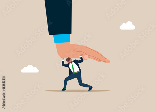 Survive recession. Employe resist huge boss hand push her down. Power. Flat vector illustration