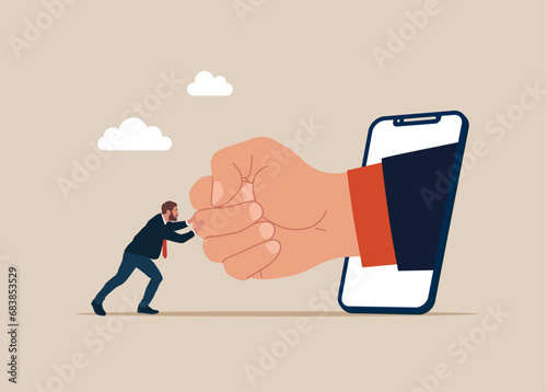 Businessman fights giant hand. Online standing up against authority. Survive investment crash. Effort to win business challenge. Flat vector illustration