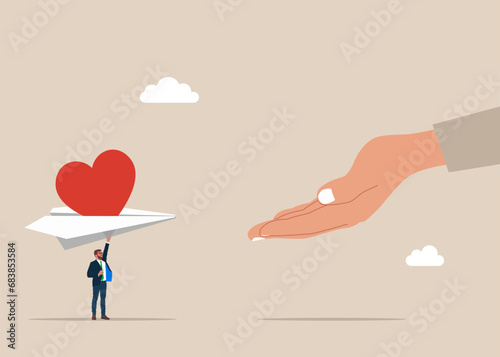 Businessman in love sending paper postcard love heart symbol message another hand. Valentine day concept. Flat vector illustration