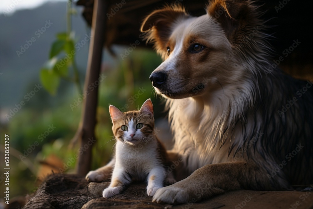Obraz premium cat and dog together Animal friendship