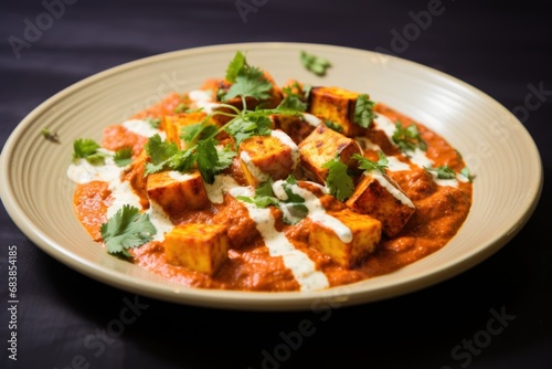 Paneer Tikka Masala in plate and a dark background. Indian dish
