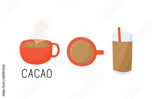 Set of cacao drinks in mugs and grass with straw. Red mug with hot chocolate or cappuccino.