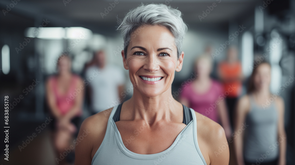 Fit joyful senior woman with gray hair smiling while working out at the gym, showcasing her determination and joy in staying fit and healthy. Age is just a number concept.
