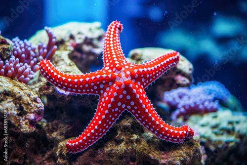 Starfish in the aquarium. Beautiful colorful underwater world with corals and tropical fish. © mila103