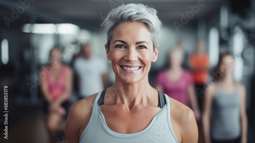 Fit joyful senior woman with gray hair smiling while working out at the gym, showcasing her determination and joy in staying fit and healthy. Age is just a number concept.