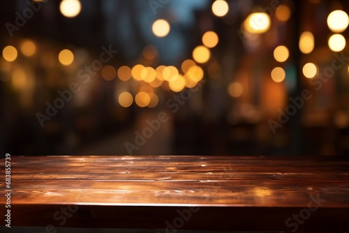 empty table to showcase your product, against the background of a blurred cafe golden bokeh. generative ai