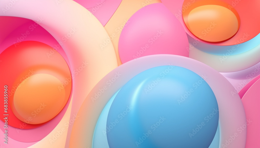 Abstract liquid circles on a background of pastel color with spacing. 3D design of a rainbow-colored spherical. Template for a trendy gradient in a minimal style. 3D Abstract liquid circles on a background of pastel color with spacing. 3D design of a rainbow-colored spherical. Template for a trendy gradient in a minimal style. 3D