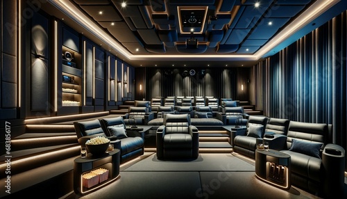 A luxurious and modern home theater room. The room features comfortable tiered seating with plush reclining chairs, built-in cup holders photo