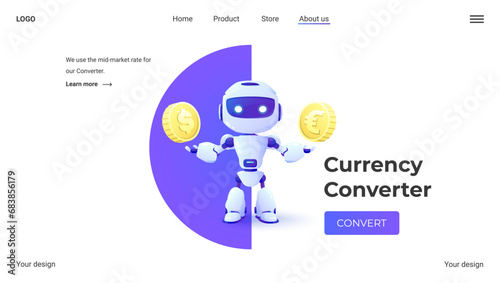 Landing page with currency converter. Money conversion. 3D Web Vector Illustrations with robot.