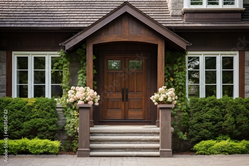 Main entrance door in house. Wooden front door with gabled porch and landing. Exterior of georgian style home cottage with white columns and stone cladding © Muhammad