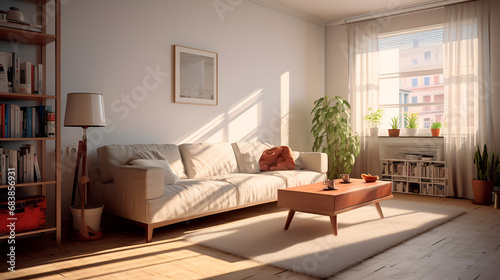 living room decorated with furniture, in the style of anamorphic lens flare, everyday life depiction, solarization, soft light