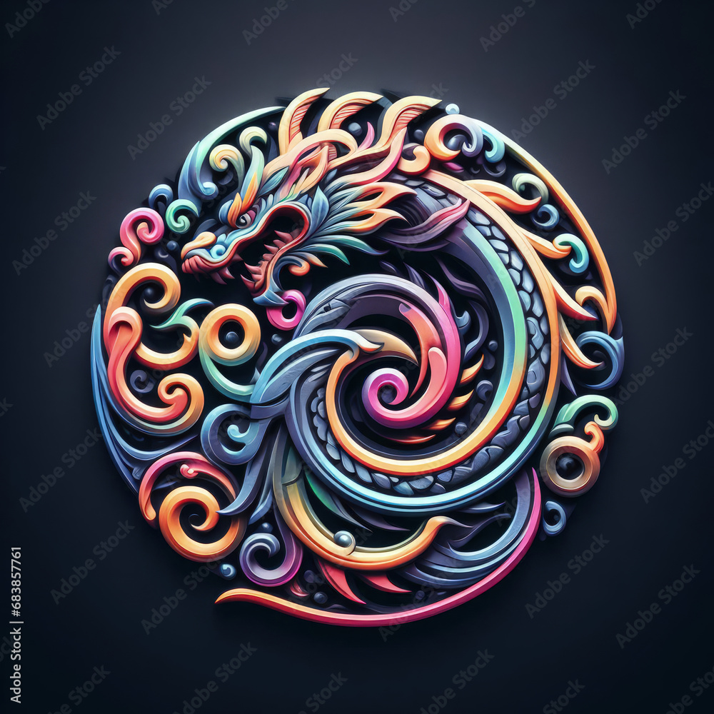 3d Logo illustration of dragon carving on dark background 3d Logo illustration of dragon carving on dark background