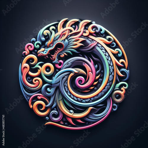 3d Logo illustration of dragon carving on dark background