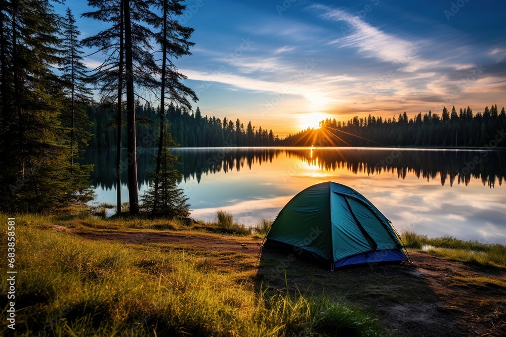 Camping tent on the shore of a lake at sunset.
