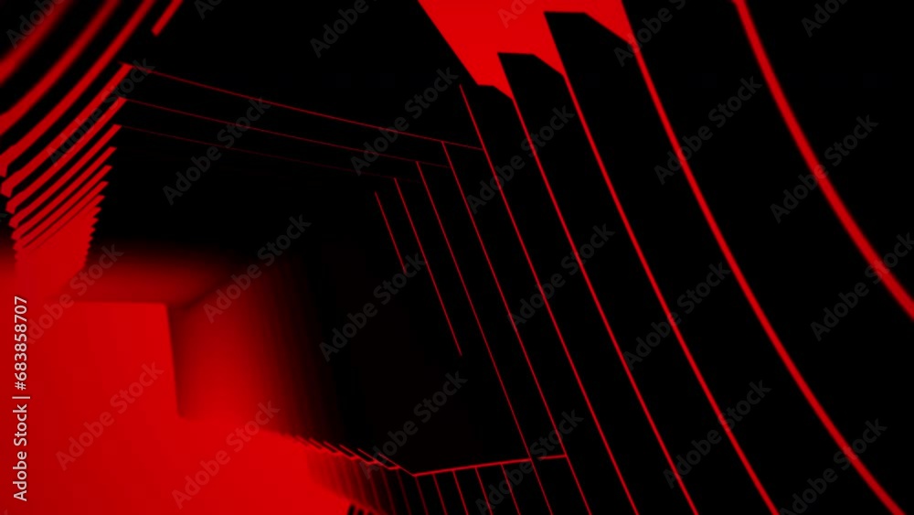 Abstract red 3D graphics pattern shape flowing and waving motion for technology on black background. 4K 3D rendering. Geometric poly light for business presentation, futuristic technology transition