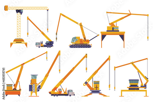 Hoisting crane icons set. Construction crane. Equipment in flat style. Yellow industrial heavy machine. Various lifters doing heavy lifting