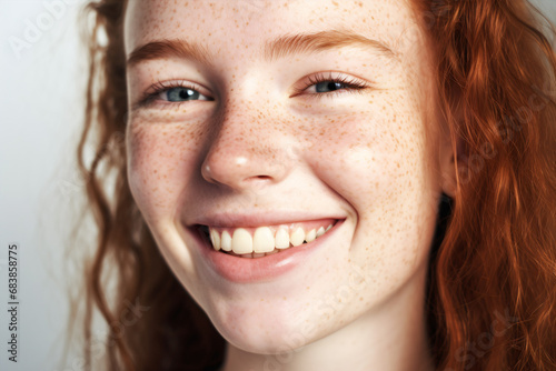 Gleeful, freckled teenage girl, laughing with eyes averted, cheekily beaming in close up shot, representing skincare, natural beauty, and eye health. photo
