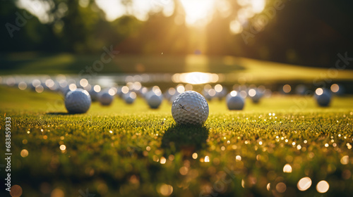 A tight shot of a golf ball on the tee surrounded by golf clubs on the green.