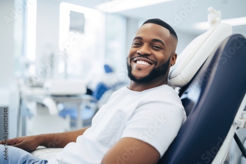 african american doctor smiling happily while sitting in medical chair at dental clinic. AI Generated