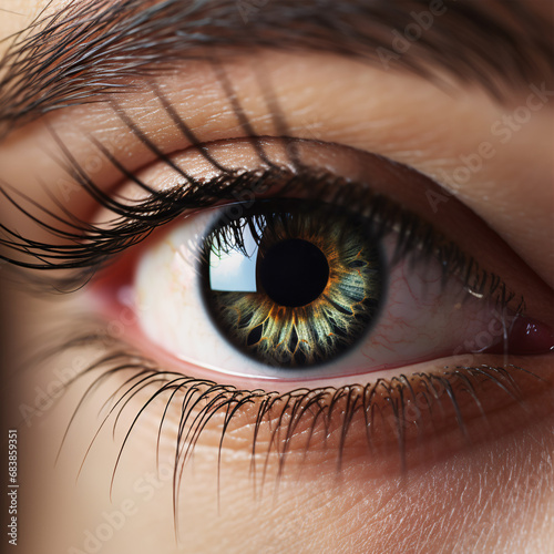 A close-up of a woman's eye with extended lashes.