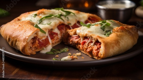 Develop an image featuring a classic Italian calzone filled with marinara  mozzarella  and spicy Italian sausage