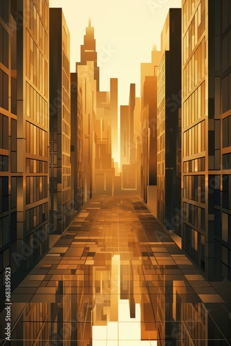 Skyscrapers symmetrical art background at golden hour