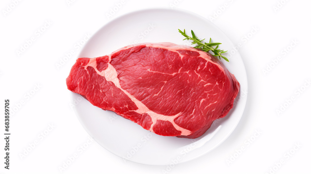 A juicy, uncooked beef steak, top view, against a white backdrop for a culinary idea.