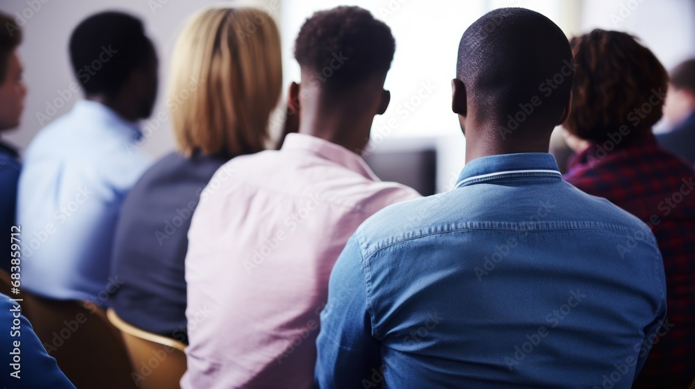 Obraz premium A diverse group of individuals seated in chairs facing a screen, engaged in an activity or presentation.