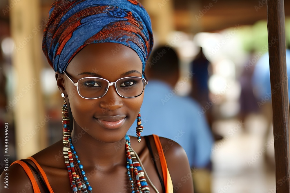 Smiling young african american woman in vibrant headscarf, exuding confidence and self-acceptance