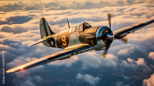 World War II era airplane flying in the clouds. 3d illustration of an old ww2 jet fighter flying above the clouds at sunset. WWII Concept. Military Concept. WW2 Air Force concept. photo