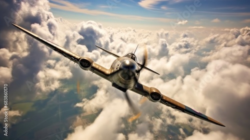 Military Airplane in the clouds. WWII Concept. Military Concept. WW2 Air Force concept.