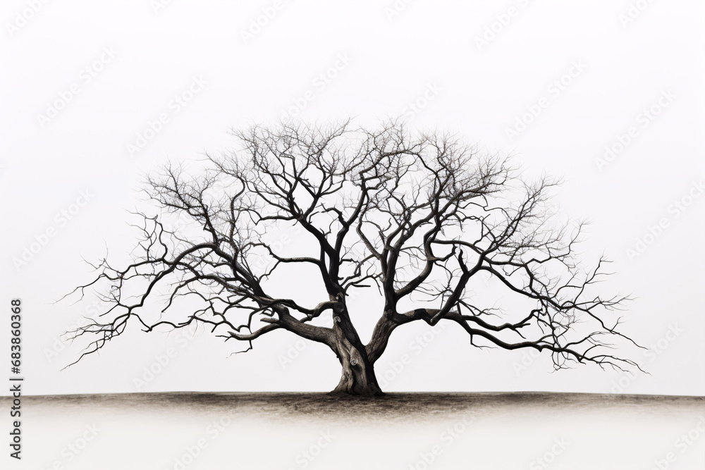 A leafless, desolate tree on a white canvas. A leafless, desolate tree on a white canvas.