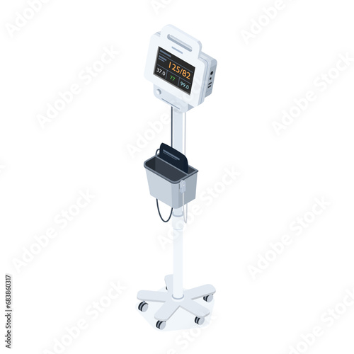 Vital signs monitoring machine in hospital or ward. For obseverving blood pressure, oxygen saturation, heart rate, ecg. Isometric isolated object. Vector.